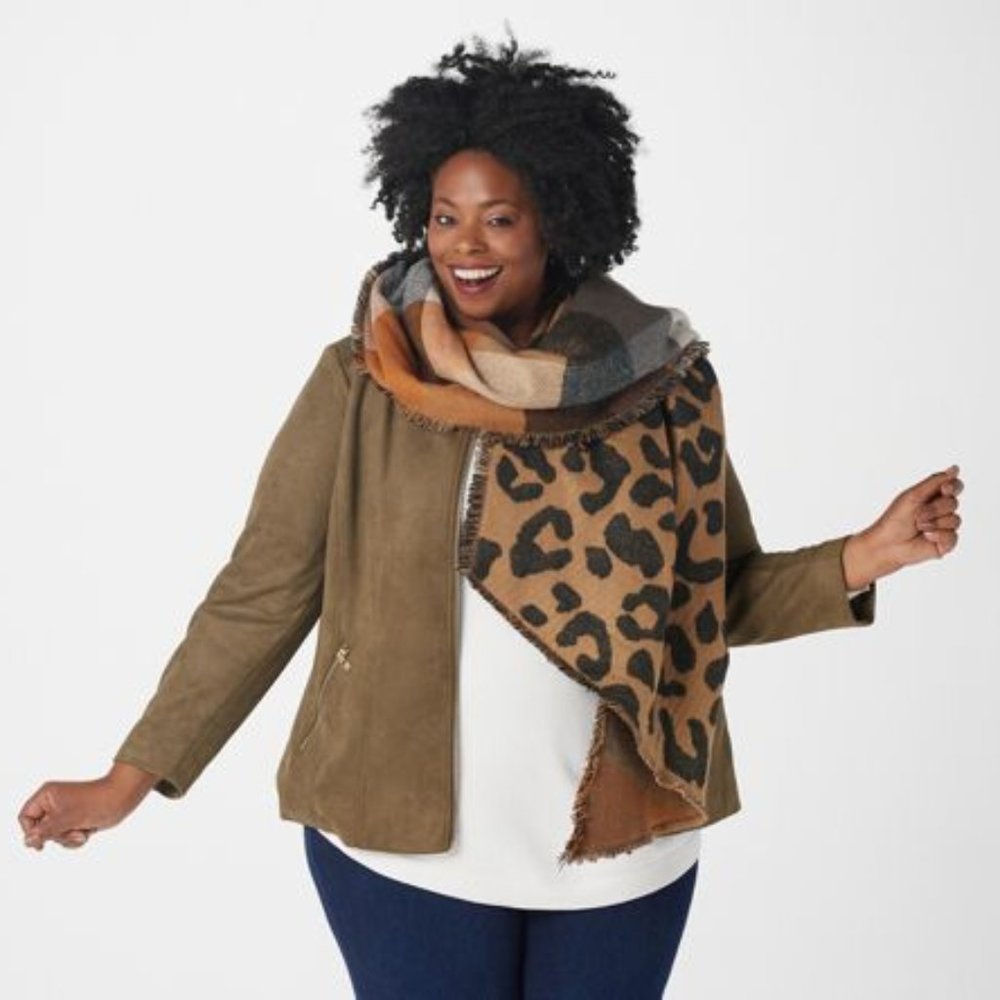 Isaac Mizrahi Live! Reversible Plaid To Animal Diagonal Scarf-Natural NEW